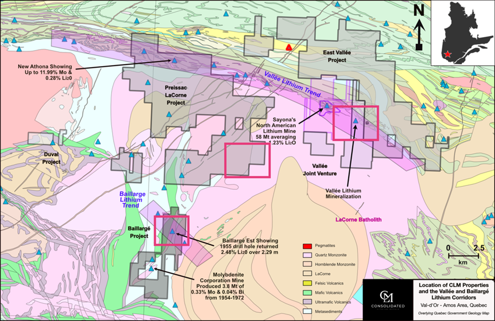 CLM Regional Projects Map [property boundaries from Company resources and historical drill hole, geology and showing information from the Government of Quebec website https://sigeom.mines.gouv.qc.ca/signet/classes/I1108_afchCarteIntr